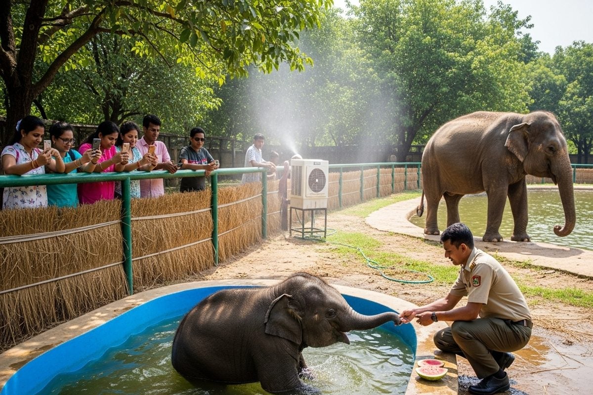 स्विमिंग पूल में डुबकी लगाकर मस्ती कर रहा नन्हा हाथी, सैलानियों के बीच बना स्टार, वन विभाग का भी बना है लाडला